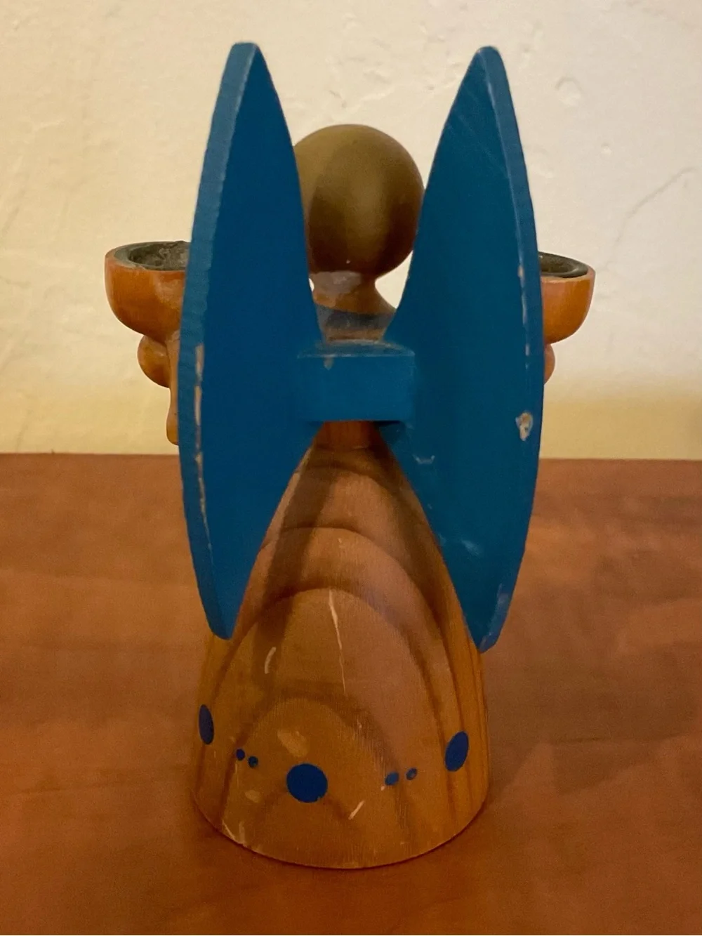 Wooden Erzgebirge Expertic Angel Candle Holder Blue Stars on Wings GDR